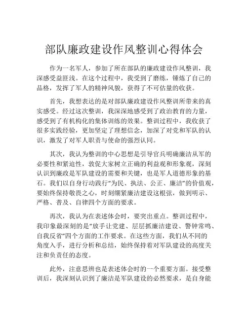 部队廉政建设作风整训心得体会