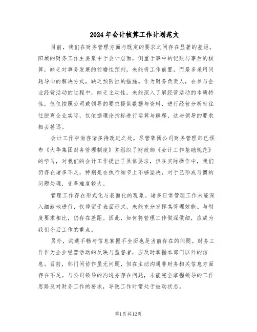 2024年会计核算工作计划范文（七篇）
