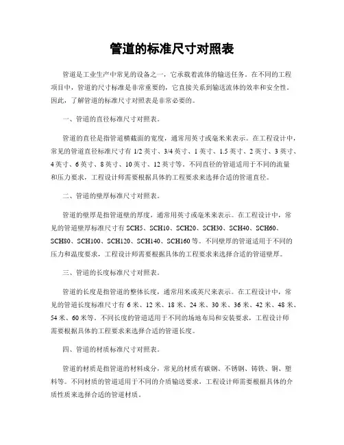 管道的标准尺寸对照表
