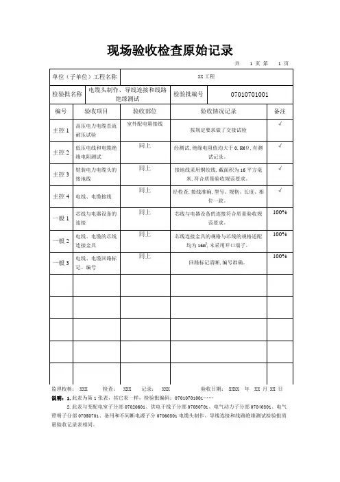 电缆头制作、导线连接和线路绝缘测试原始记录