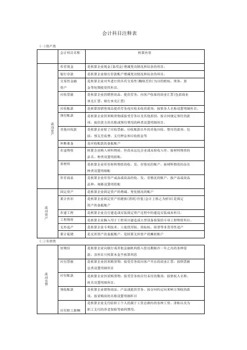会计科目注释表