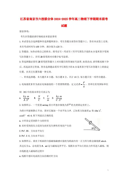 江苏省南京市六校联合体2024_2025学年高二物理下学期期末联考试题