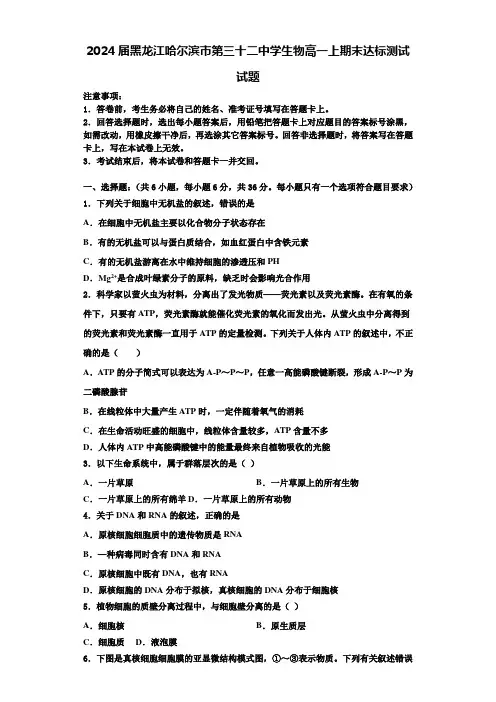 2024届黑龙江哈尔滨市第三十二中学生物高一上期末达标测试试题含解析
