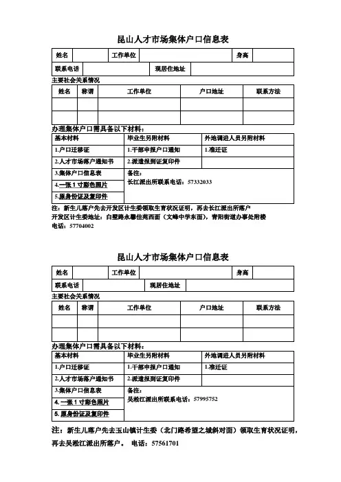 昆山人才市场集体户口挂靠登记信息表(新)2016