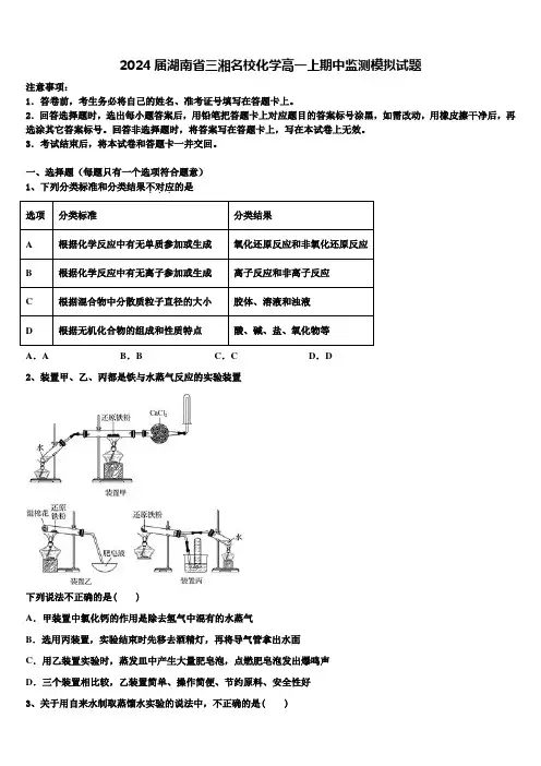 2024届湖南省三湘名校化学高一上期中监测模拟试题含解析