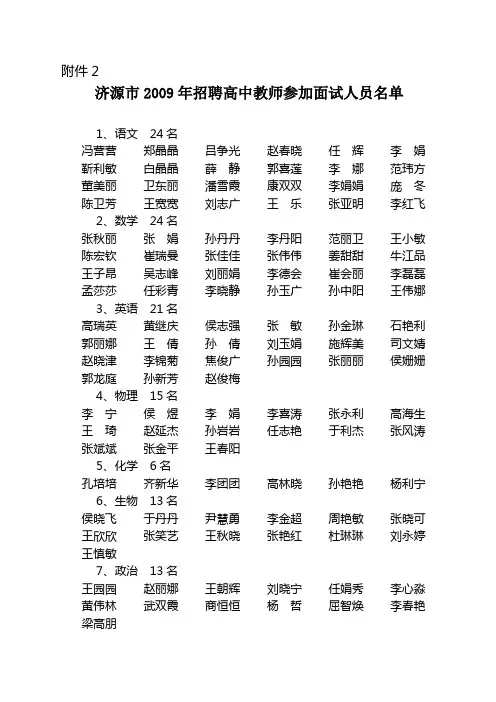 济源市2009年招聘高中教师参加面试人员名单