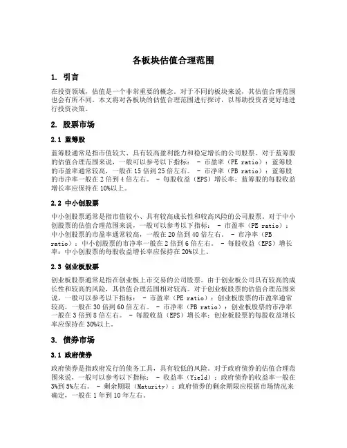 各板块估值合理范围