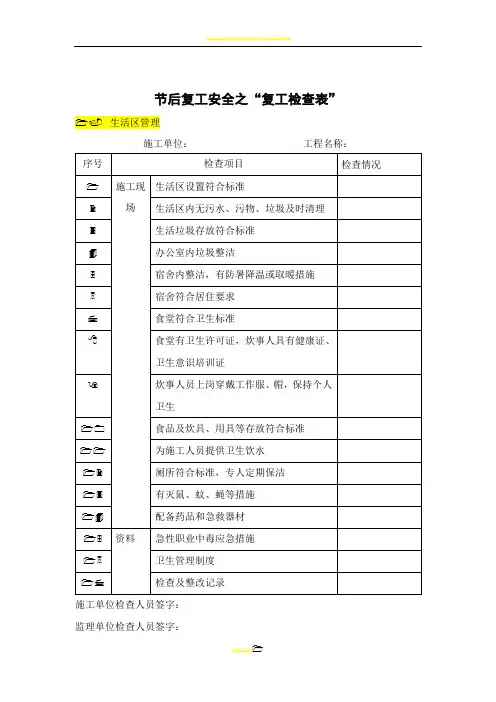 节后复工安全之“复工安全检查表”
