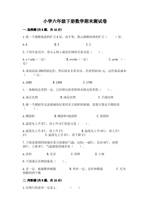 小学六年级下册数学期末测试卷含完整答案(全优)