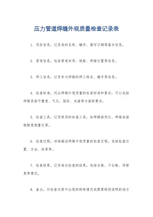 压力管道焊缝外观质量检查记录表
