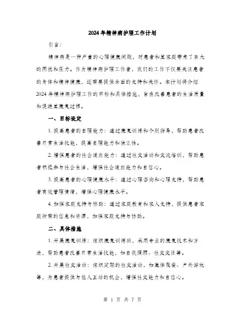 2024年精神病护理工作计划(3篇)