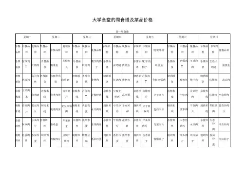 大学食堂的周食谱及菜品价格