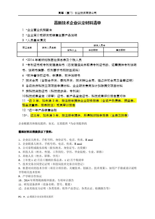 高新企业认定材料清单