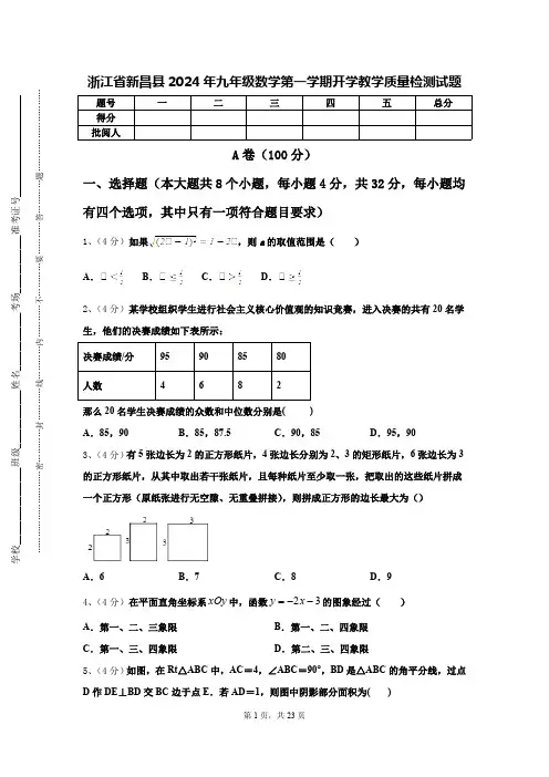 浙江省新昌县2024年九年级数学第一学期开学教学质量检测试题【含答案】