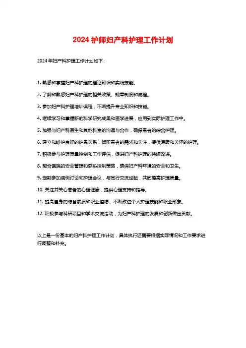 2024护师妇产科护理工作计划