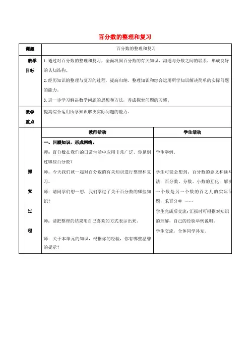 六年级数学上册 百分数的整理和复习教案 青岛版
