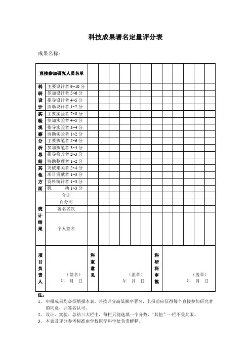 科技成果署名定量评分表