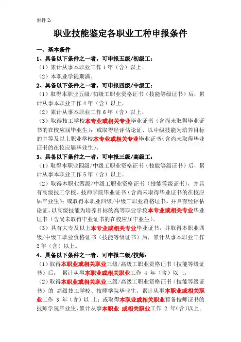 职业技能鉴定各职业工种申报条件