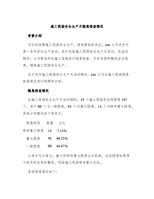 施工现场安全生产月隐患排查情况
