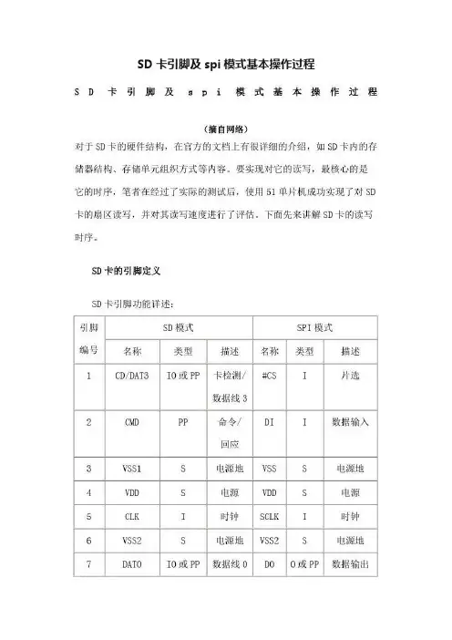SD卡引脚及spi模式基本操作过程