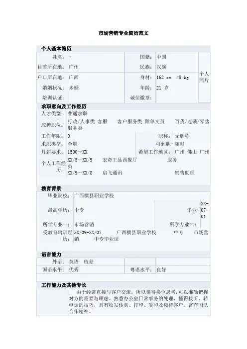市场营销专业简历范文