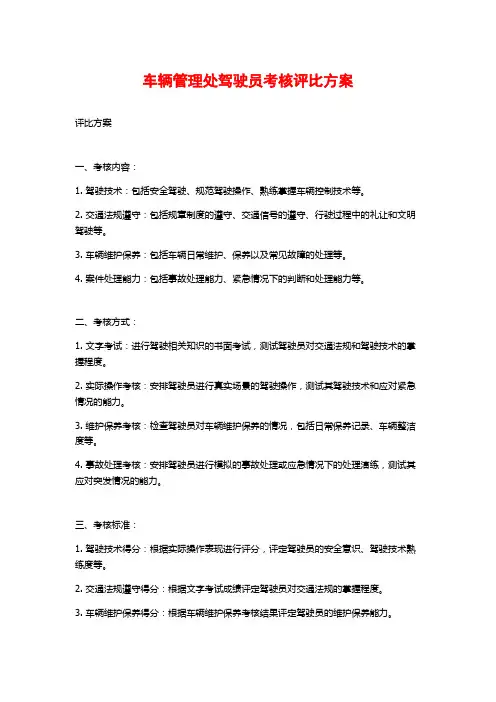 车辆管理处驾驶员考核评比方案