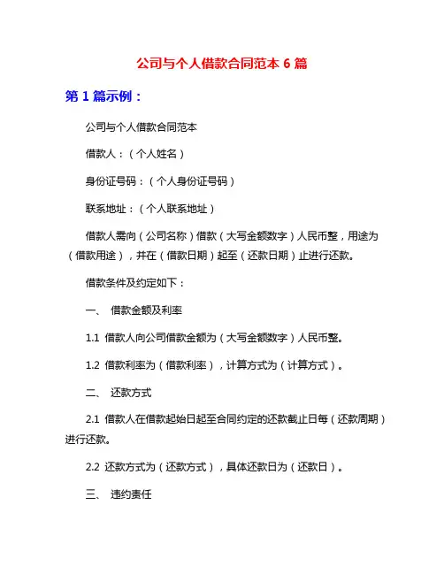 公司与个人借款合同范本6篇