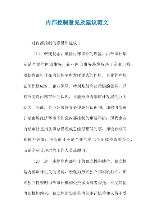 内部控制意见及建议范文