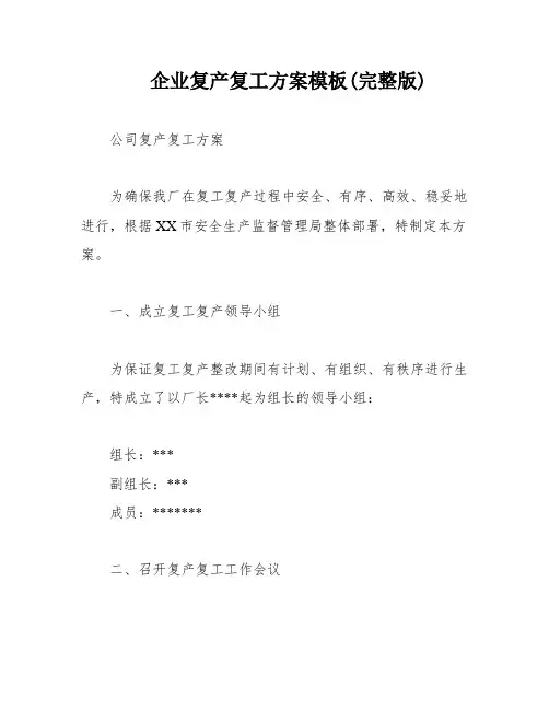企业复产复工方案模板(完整版)