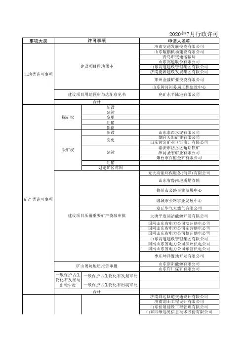 2020年7月行政许可事项审批情况统计表