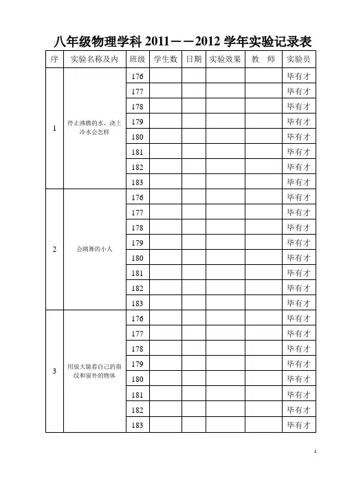 八年级物理实验记录表