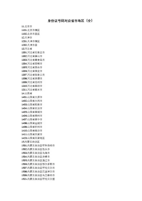 身份证号码对应省市地区(全)