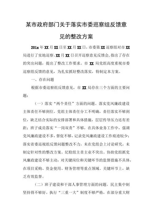 某市政府部门关于落实市委巡察组反馈意见的整改方案