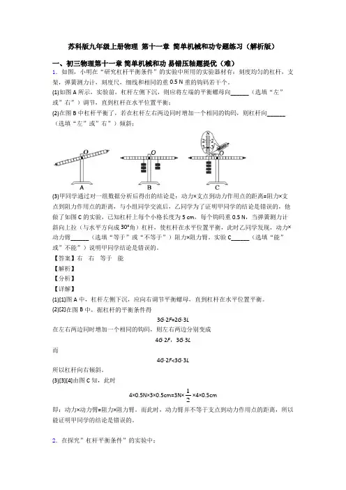 苏科版九年级上册物理 第十一章 简单机械和功专题练习(解析版)