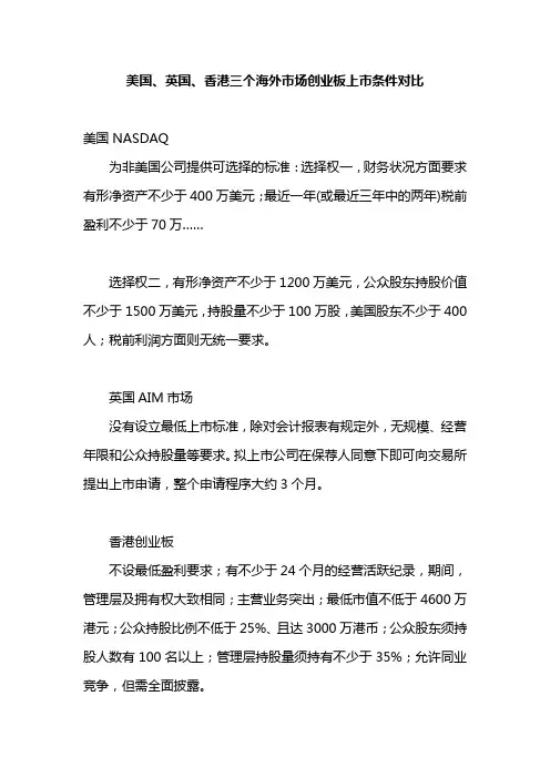 美国、英国、香港三个海外市场创业板上市条件对比