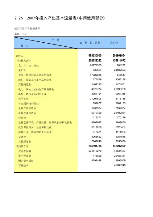 2007年投入产出基本流量表(中间使用部分)