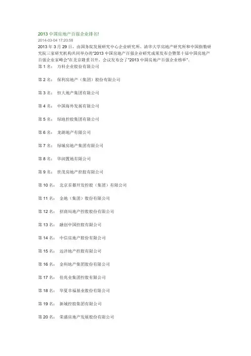 2013中国房地产百强企业排名