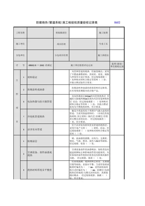 防腐绝热管道系统施工检验批质量验收记录表