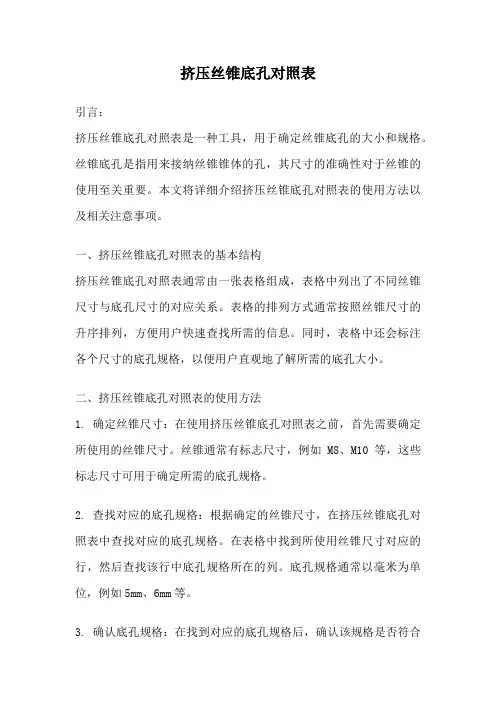 挤压丝锥底孔对照表