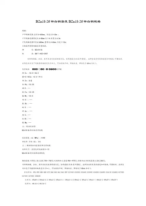 BZn18-26锌白铜密度BZn18-26锌白铜规格