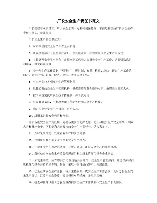 厂长安全生产责任书范文