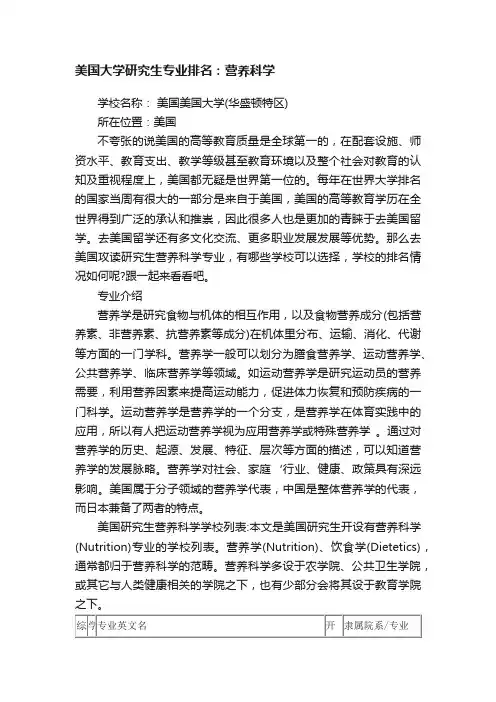 美国大学研究生专业排名：营养科学