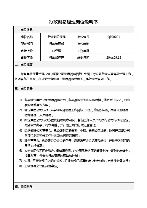 行政副总经理岗位说明书