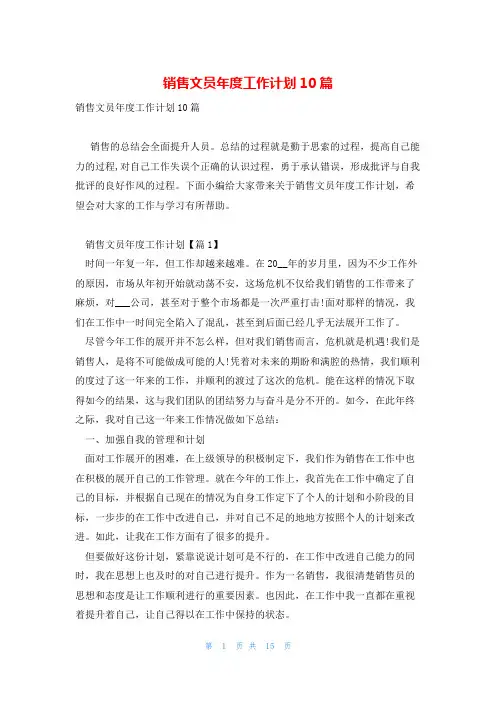 销售文员年度工作计划10篇