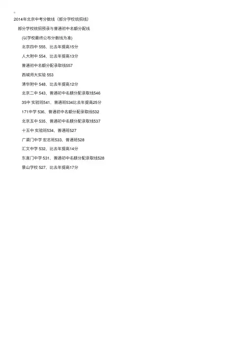 2014年北京中考分数线（部分学校统招线）