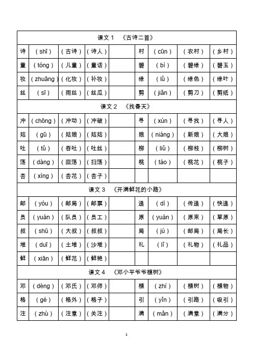 (word完整版)部编二年级下册写字表生字组词(一字2词