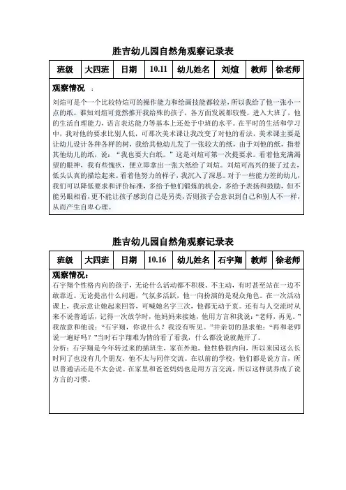 自然角区域观察记录表10-2