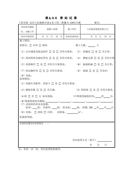 混凝土浇筑监理旁站记录