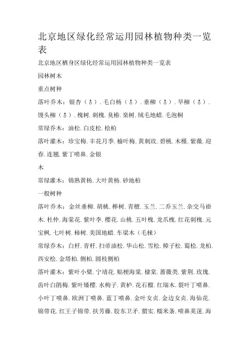 北京地区绿化常用园林植物种类一览表