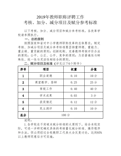 2019年教师职称评聘赋分参考标准